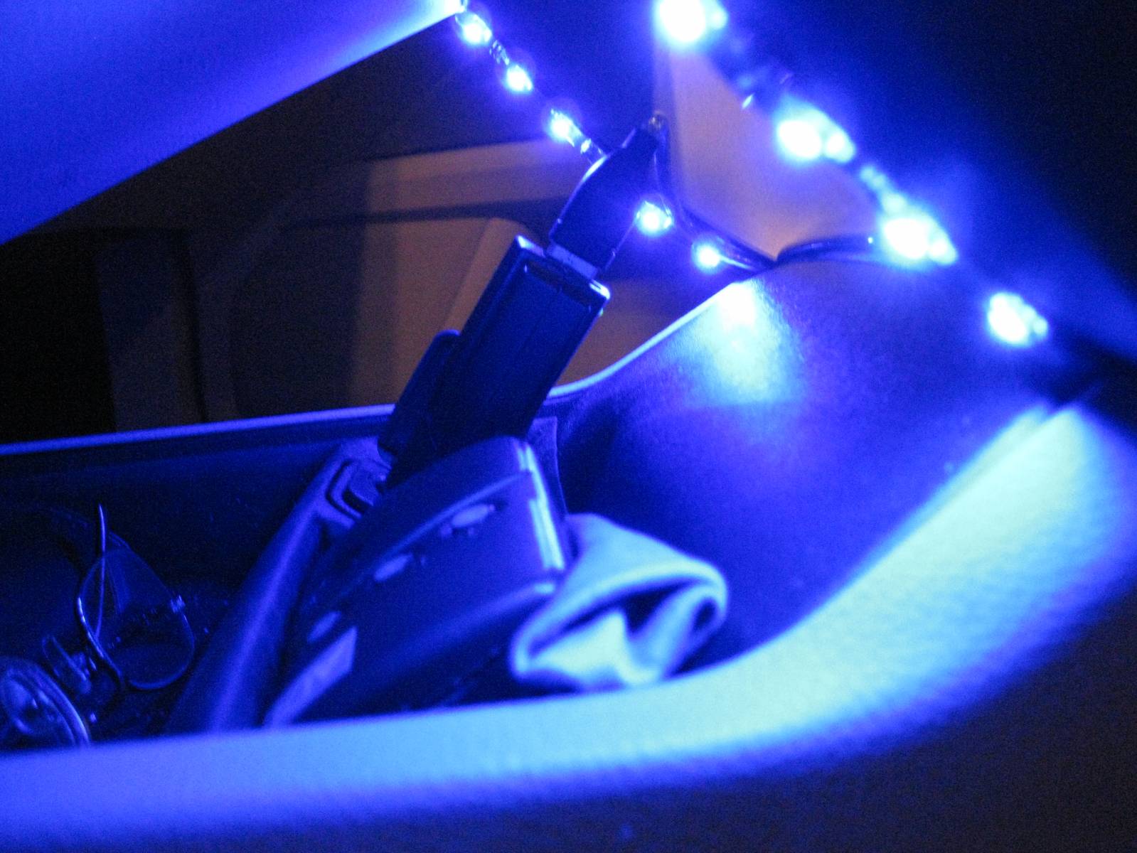 Blue LED's stuck to back of console struts.