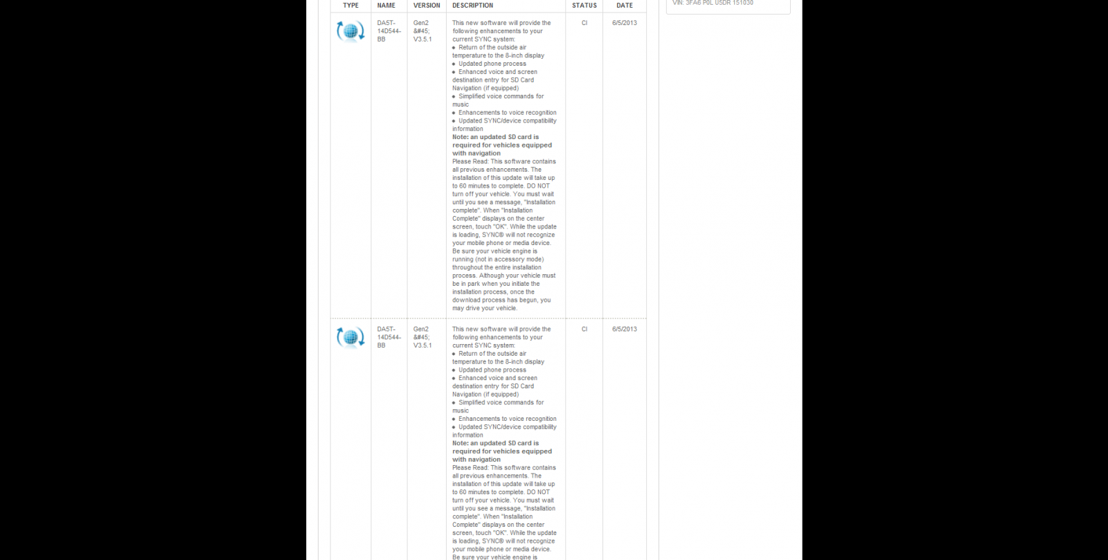 SYNC Owner   Download   Installation History For This Vehicle